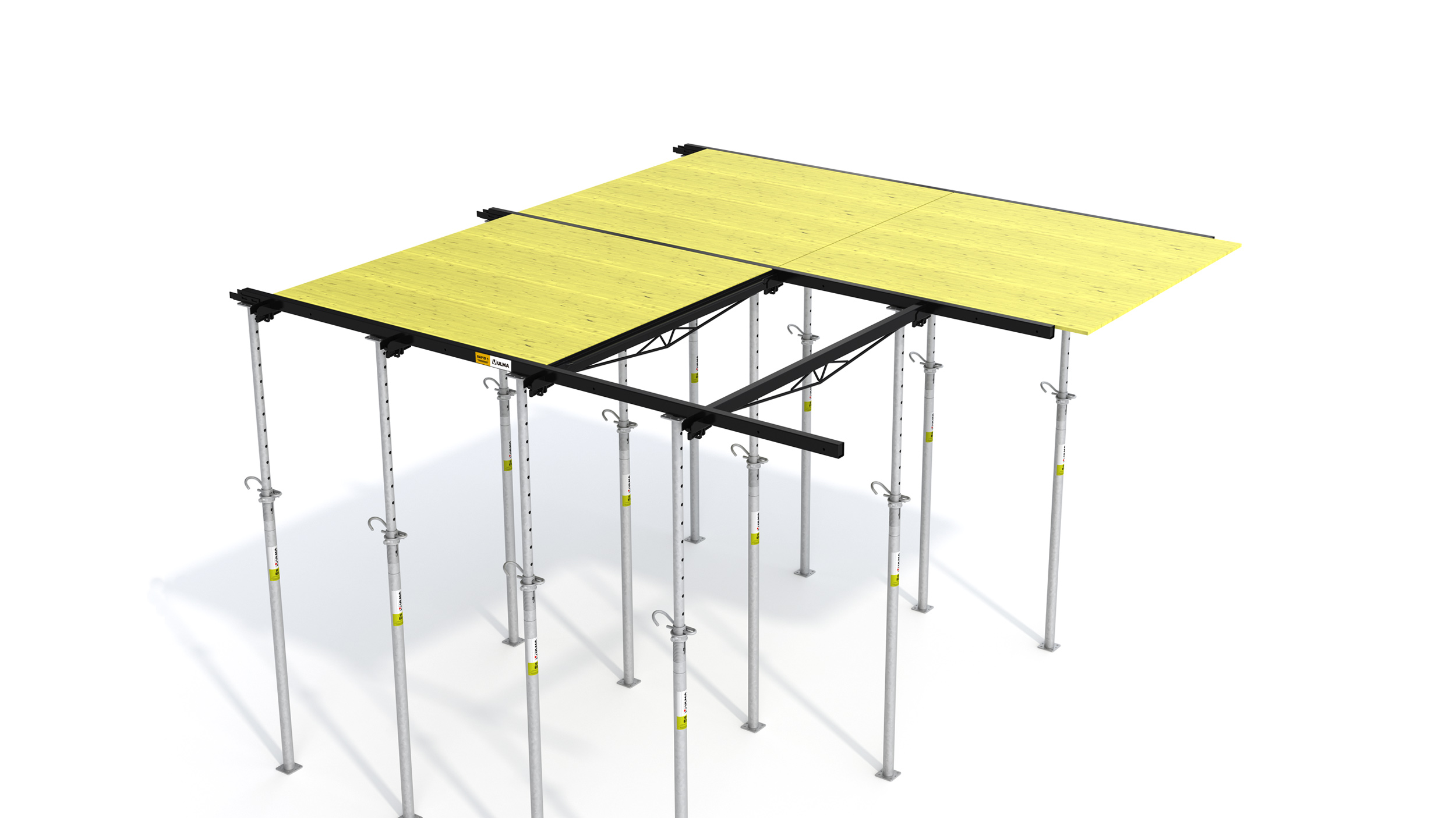 Sistema de cimbra de losas recuperable de alto rendimiento para edificación.
Características destacables: Componentes ligeros, montaje y desmontaje rápidos.