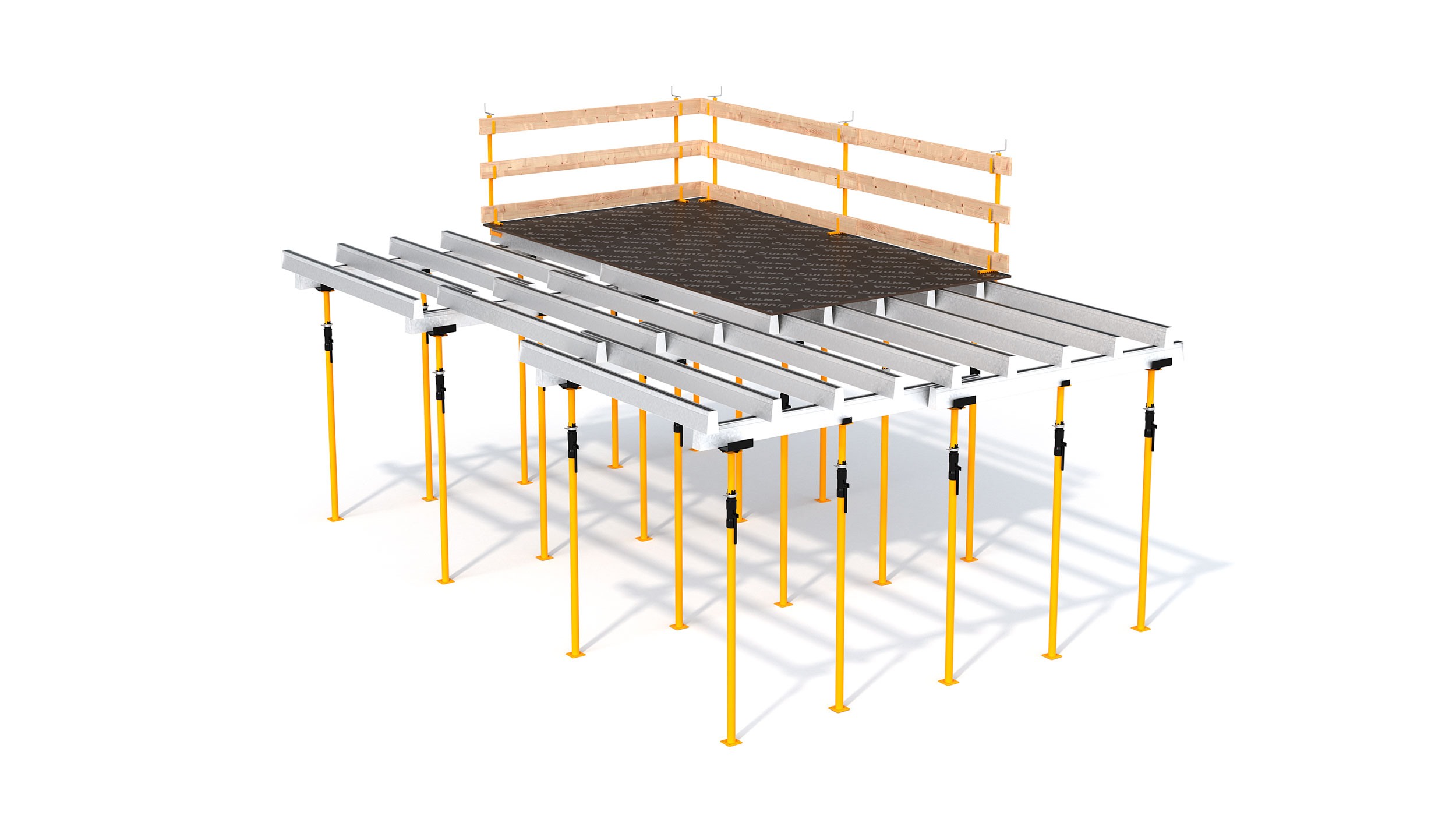 Sistema de cimbra de vigas fácilmente adaptable a cualquier geometría.
Consta de pocos componentes, de montaje sencillo y rápido. Sistema indicado para la construcción de losas entre muros.