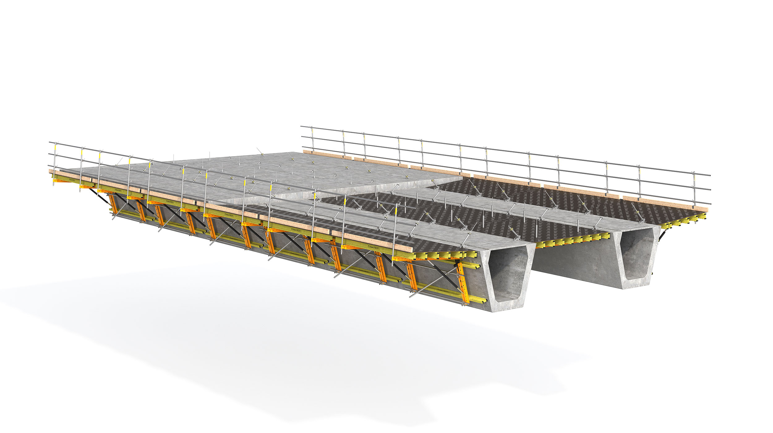 Cimbra modular para colar las alas o losa central de puentes con núcleo metálico o concreto prefabricado. Característica destacable: la seguridad del sistema.