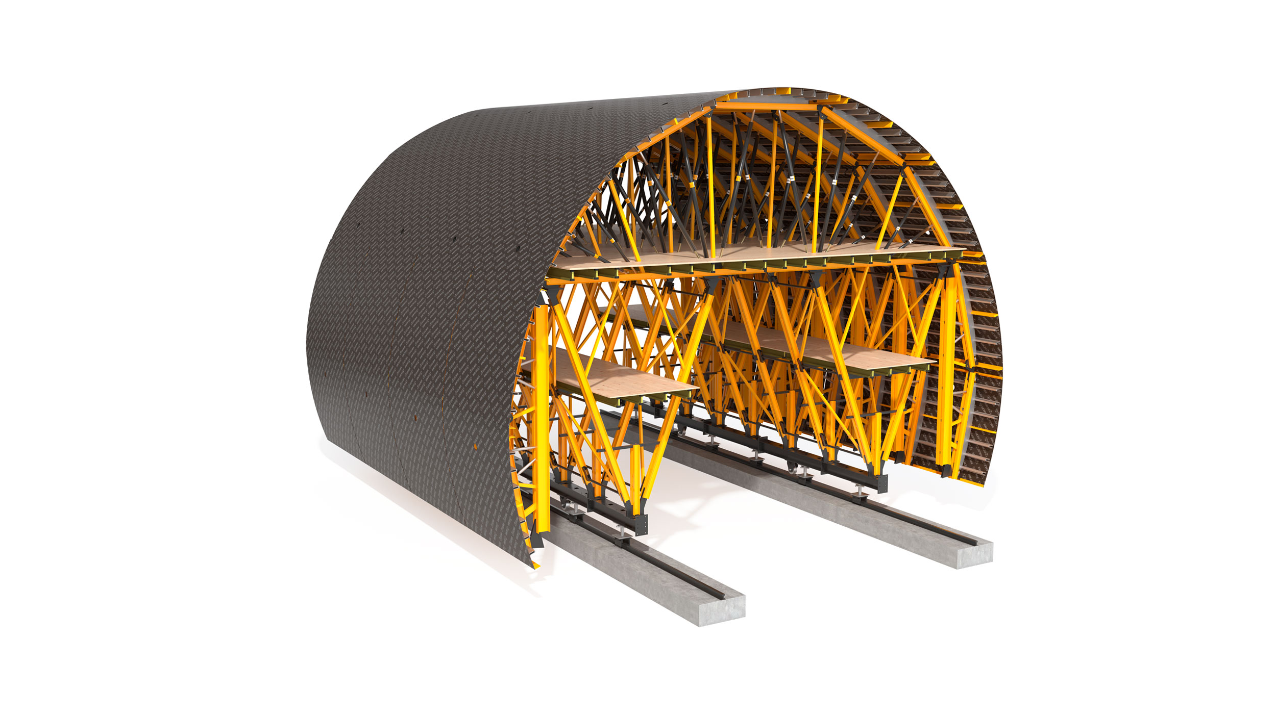 Carro de cimbra en renta, totalmente configurable, indicado para túneles de hasta 1 km de longitud. Sistema de alta rentabilidad.