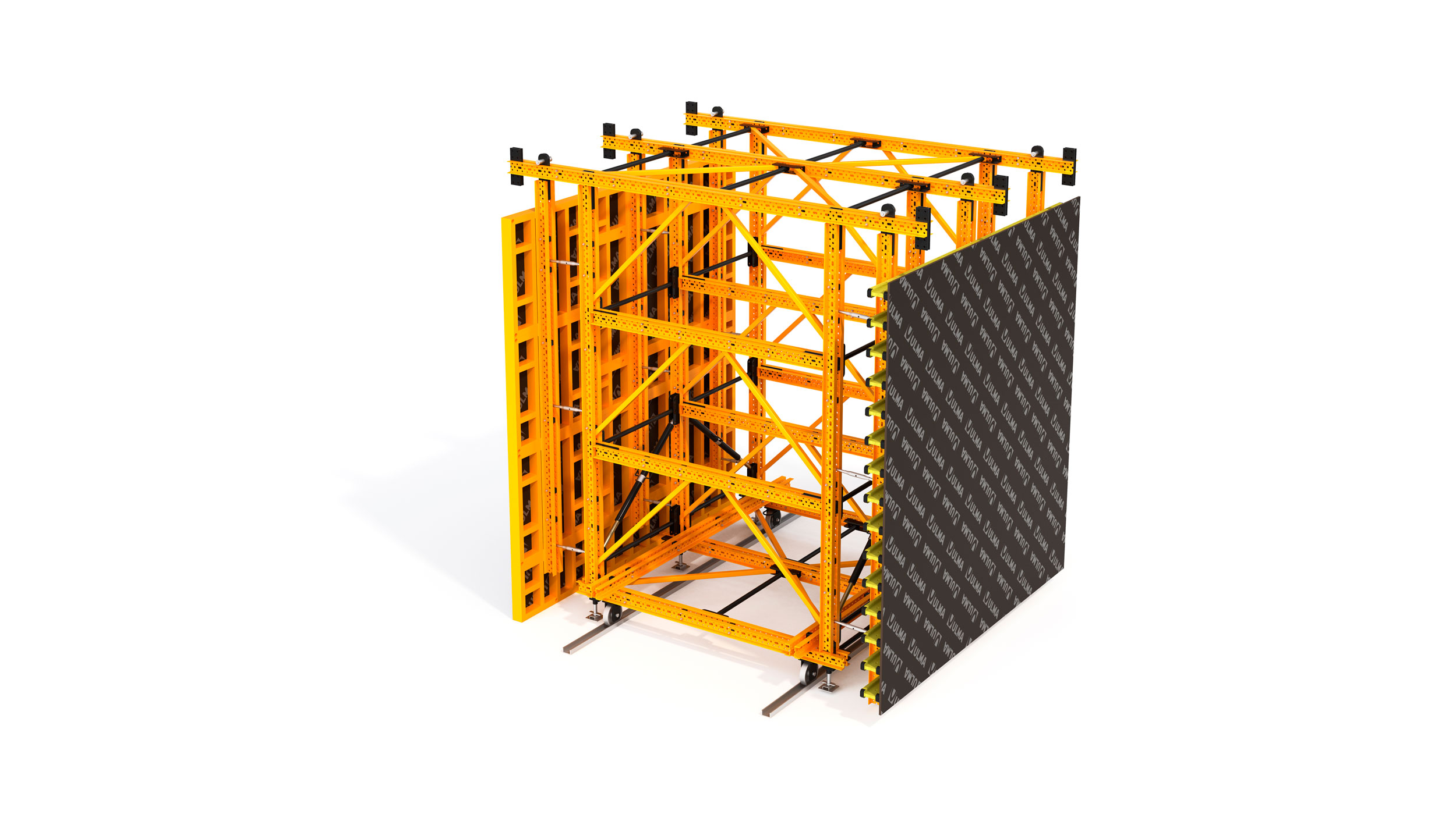 Sistema móvil para la construcción de muros de concreto de gran longitud a una o dos caras. Fácil de montar y descimbrar.