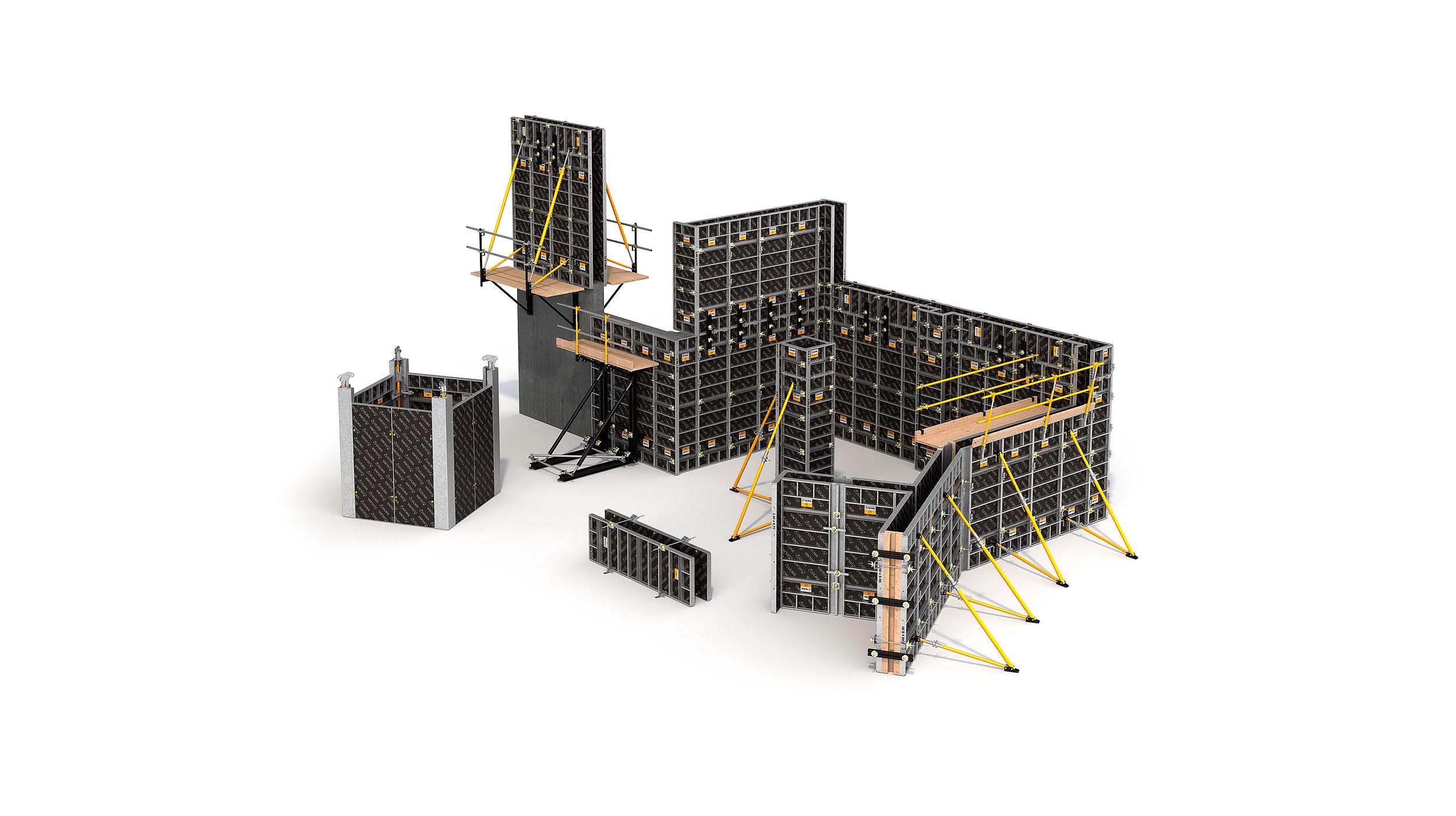 Sistema de cimbra de muros y columnas ligera y robusta, con una extensa gama de paneles multifuncionales. Perfecta para geometrías complejas. Montaje manual o con grúa.