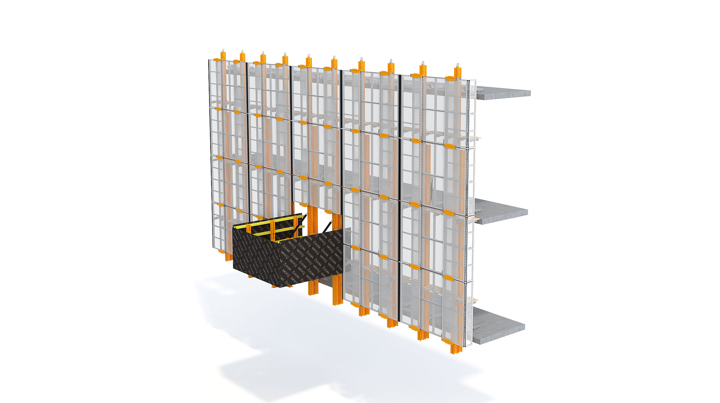 Pantalla de protección perimetral de gran flexibilidad, que se adapta a cualquier geometría o necesidad de configuración. Indicada para edificios de gran altura. El sistema puede elevarse de manera hidráulica o con grúa